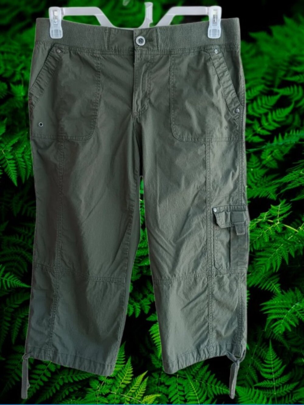 Kim Rogers Womens Crop Capri Cargo Pants Rib Knit Waistband Green Size 10